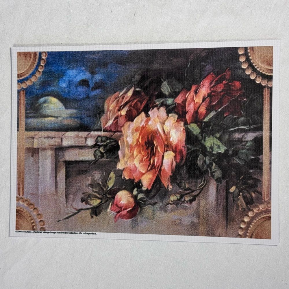 Pink flowers ocean moonlight night print